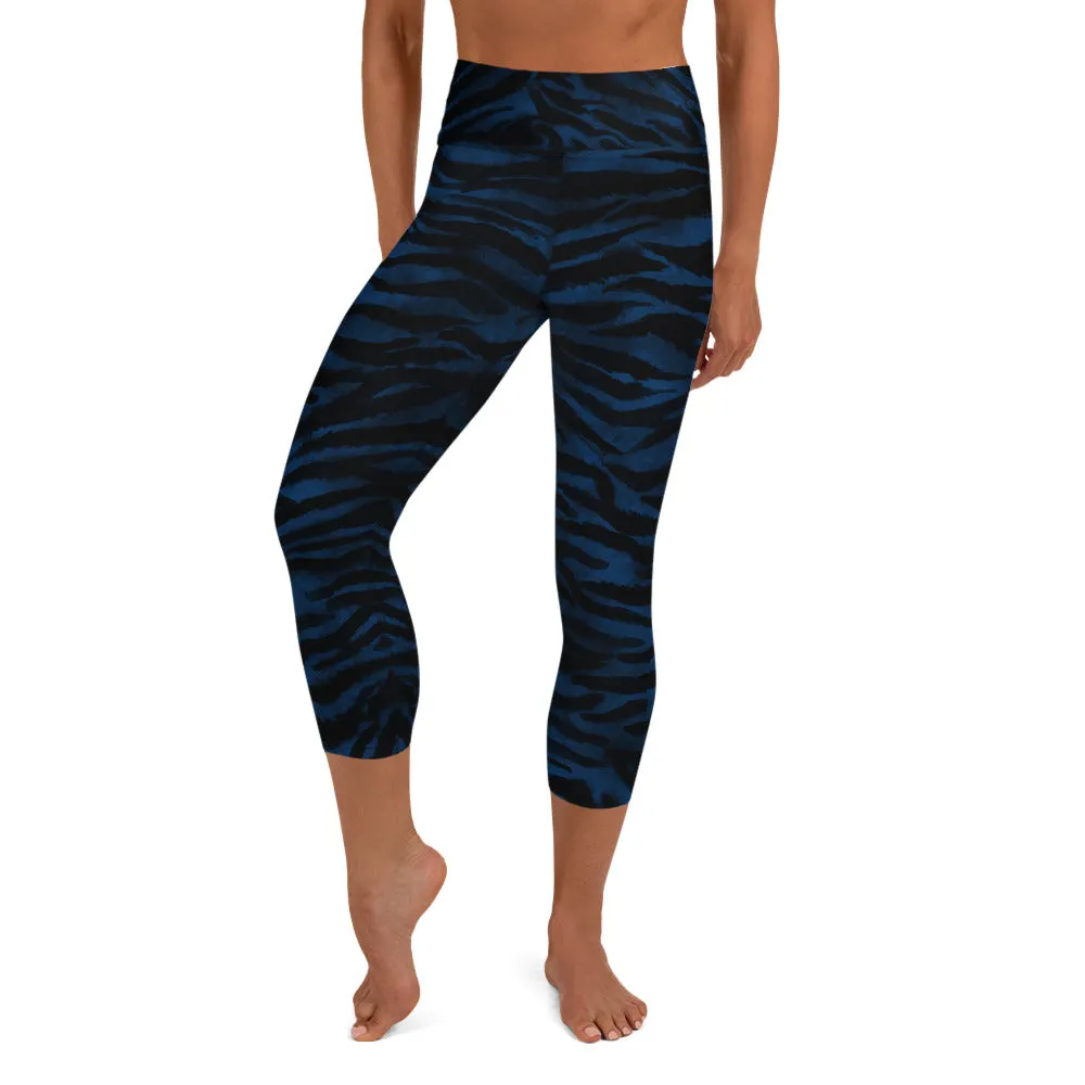 Blue Tiger Striped Capri Leggings, Animal Print Women's Yoga Capri Tights-Made in USA/EU