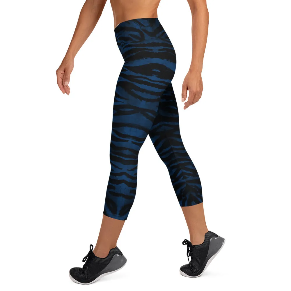 Blue Tiger Striped Capri Leggings, Animal Print Women's Yoga Capri Tights-Made in USA/EU