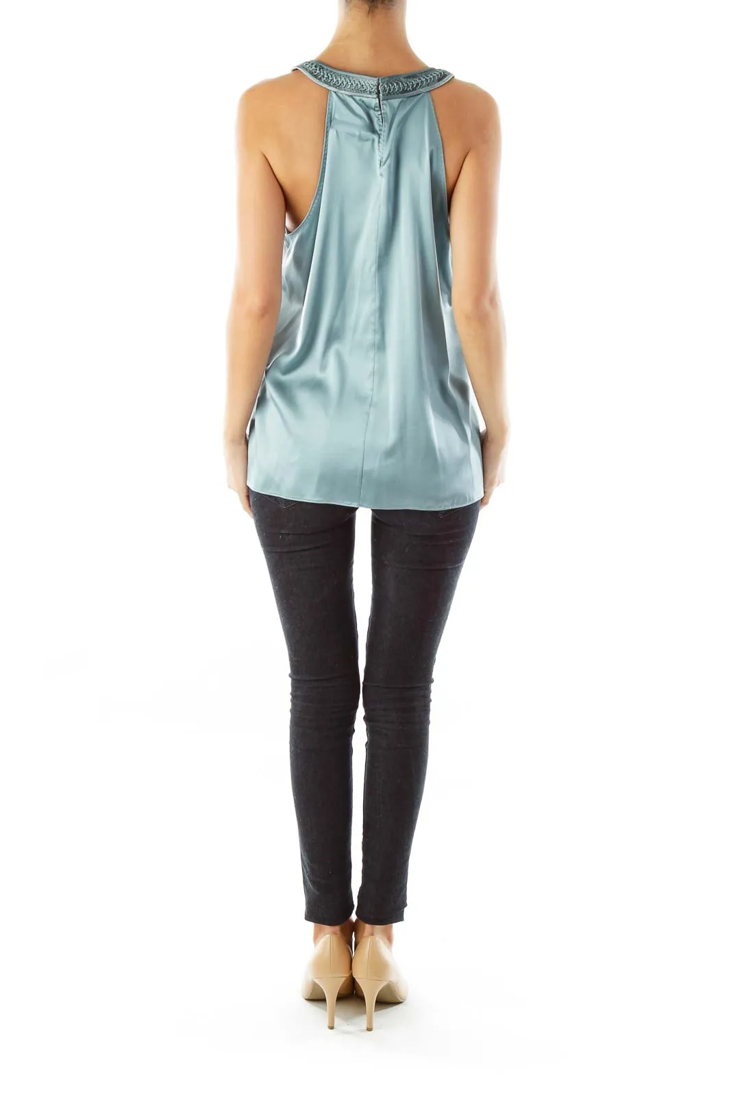 Blue White Silk Sleeveless Blouse