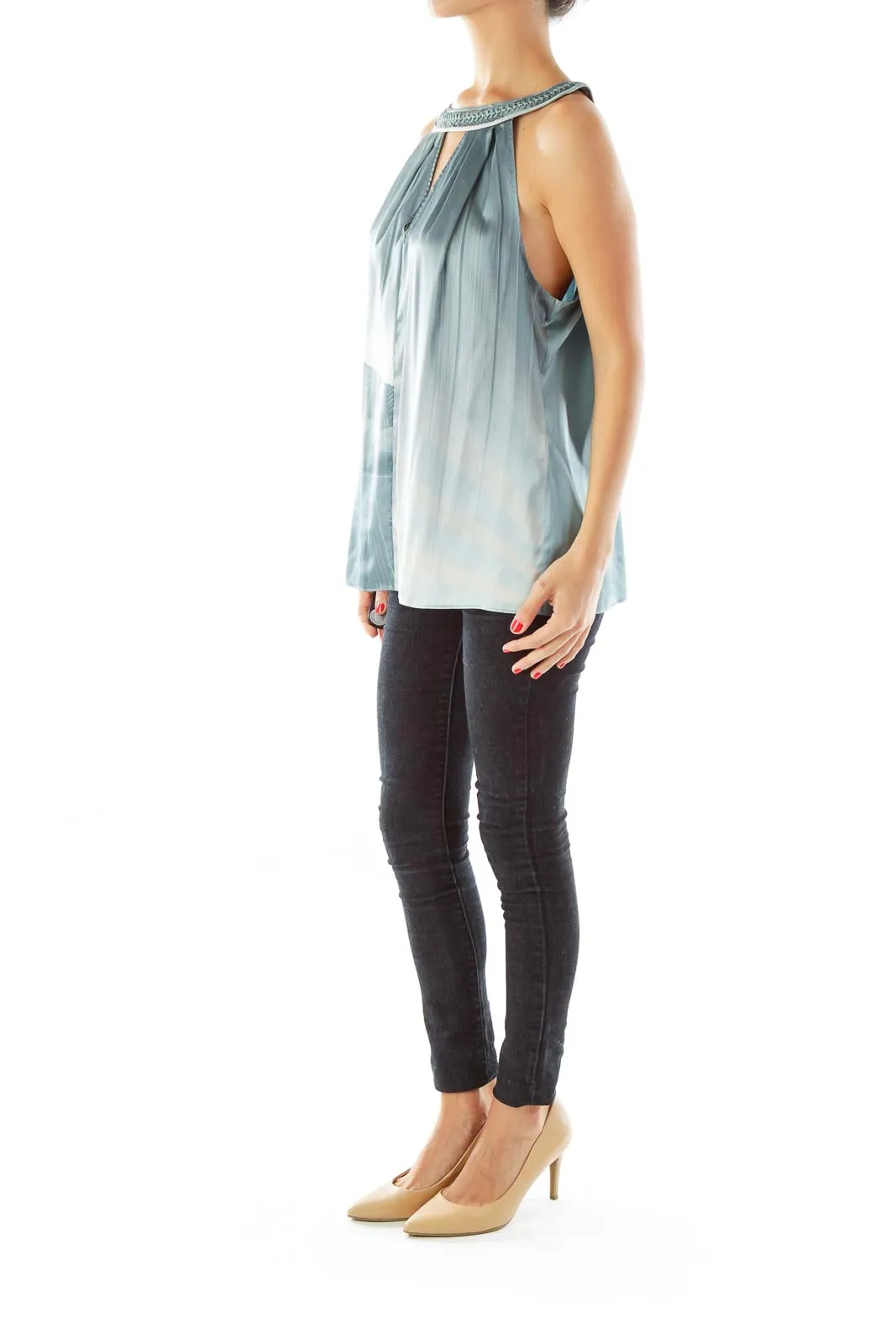 Blue White Silk Sleeveless Blouse