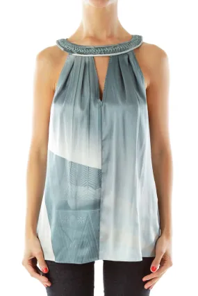Blue White Silk Sleeveless Blouse