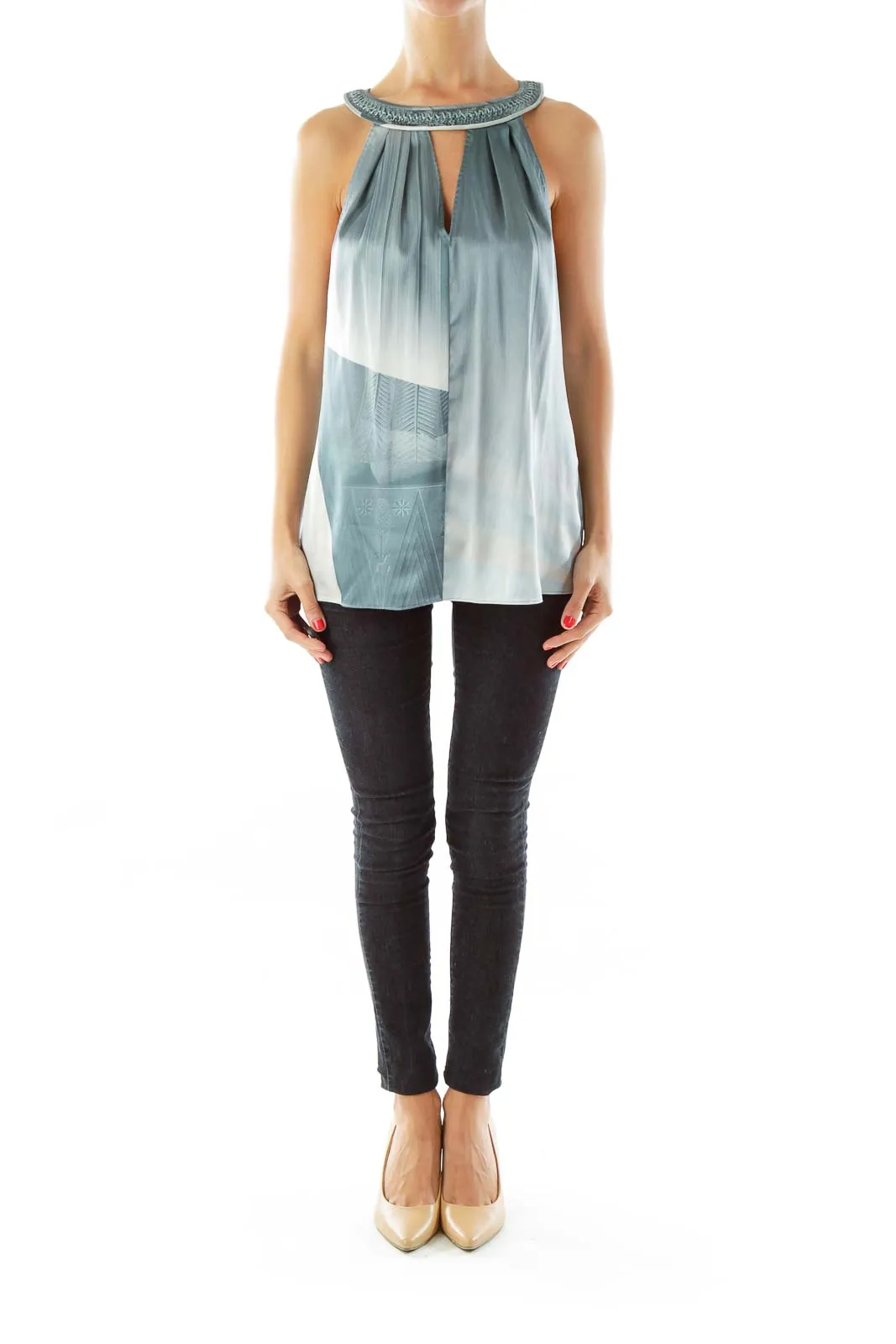 Blue White Silk Sleeveless Blouse