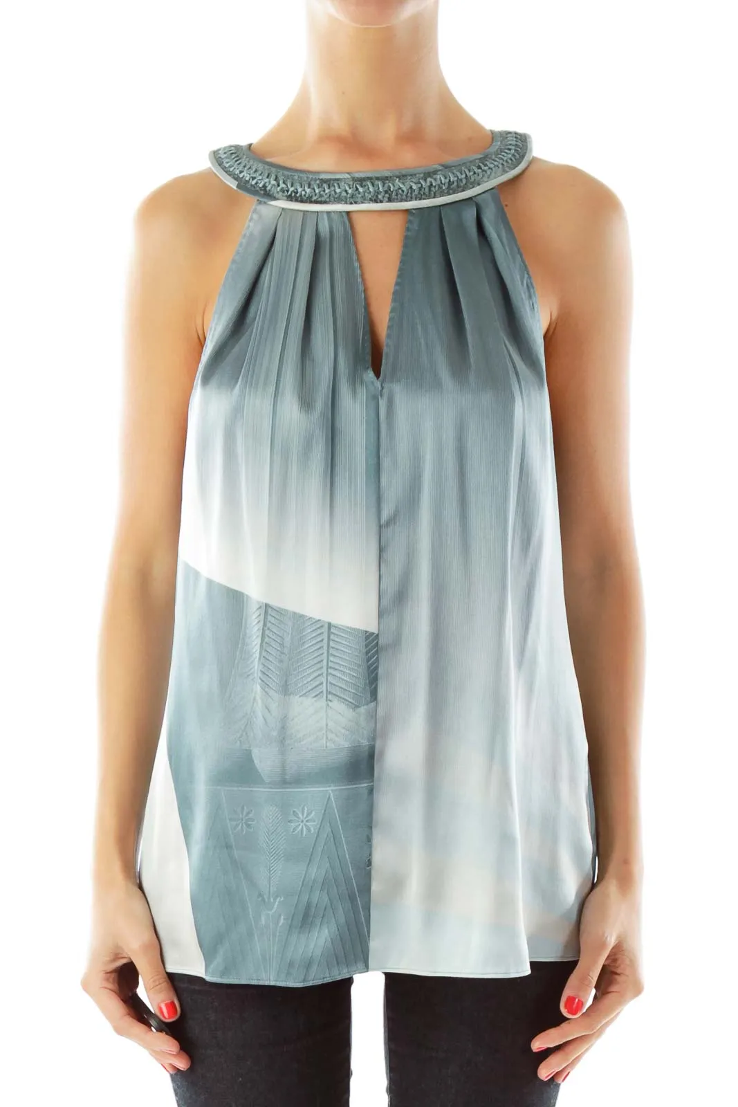 Blue White Silk Sleeveless Blouse