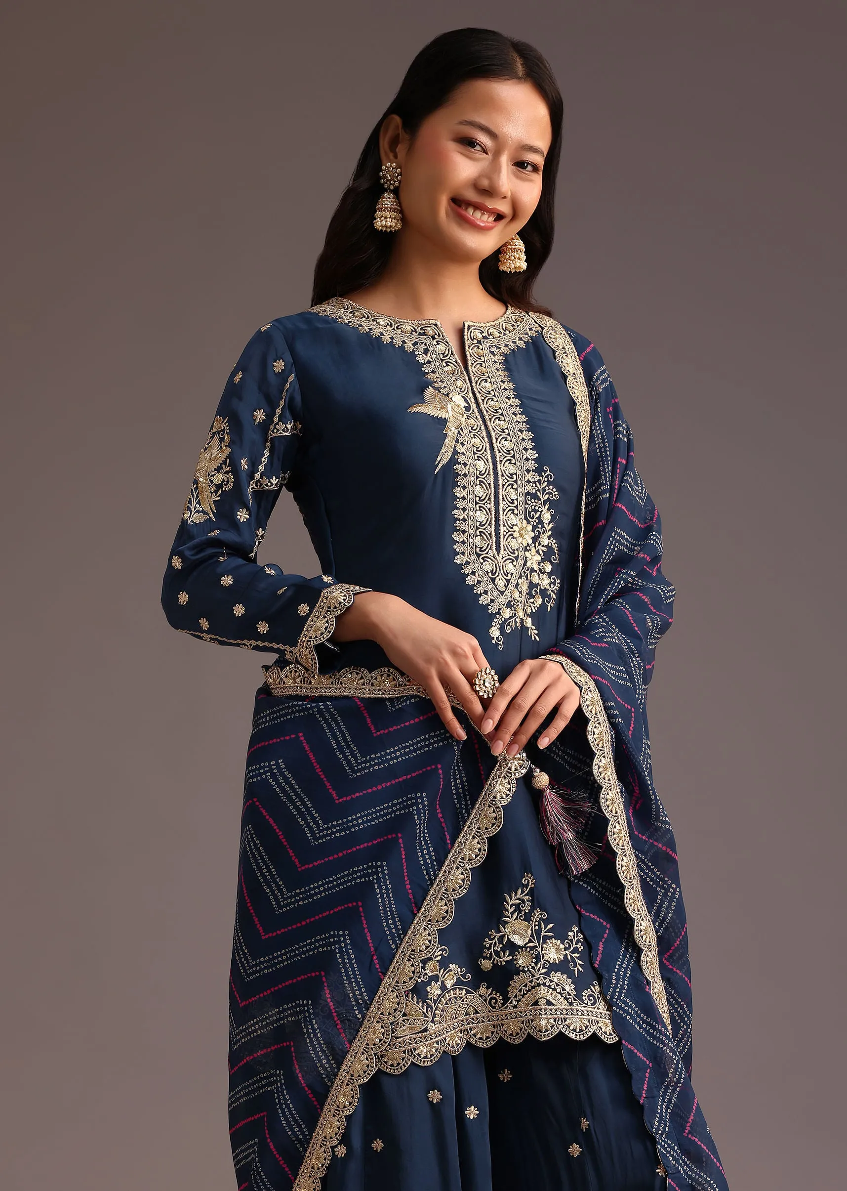 Blue Zari Work Palazzo Suit With Organza Dupatta