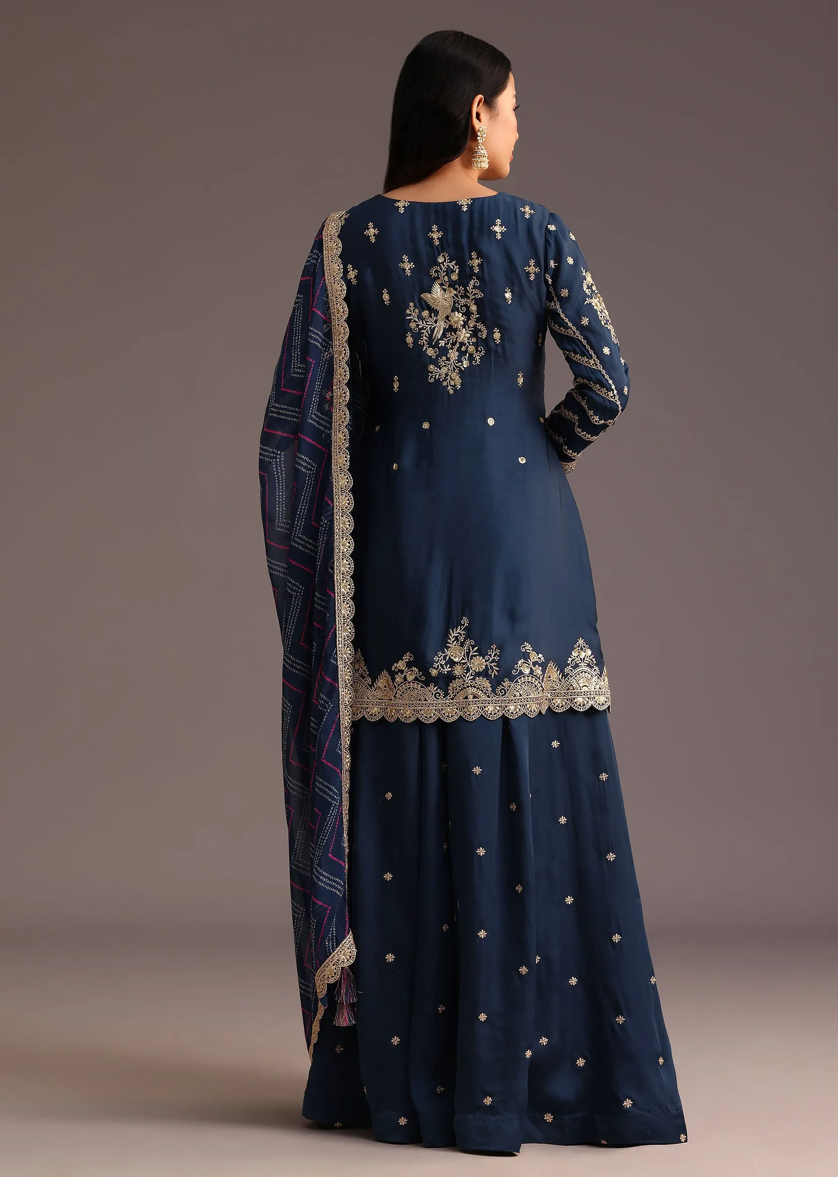 Blue Zari Work Palazzo Suit With Organza Dupatta