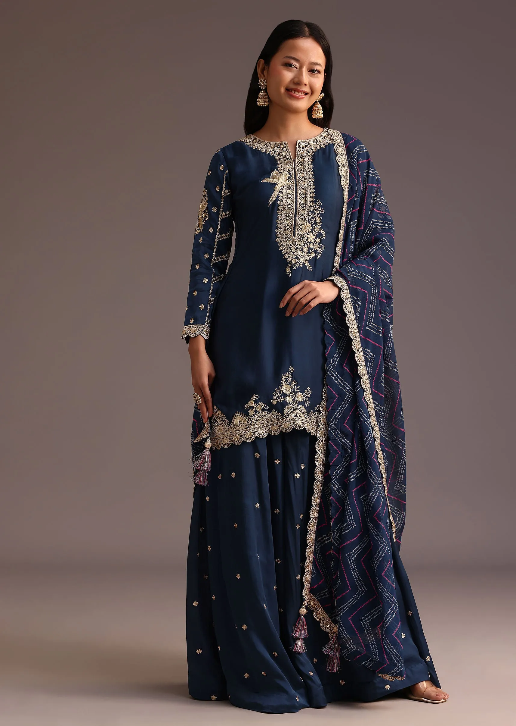Blue Zari Work Palazzo Suit With Organza Dupatta