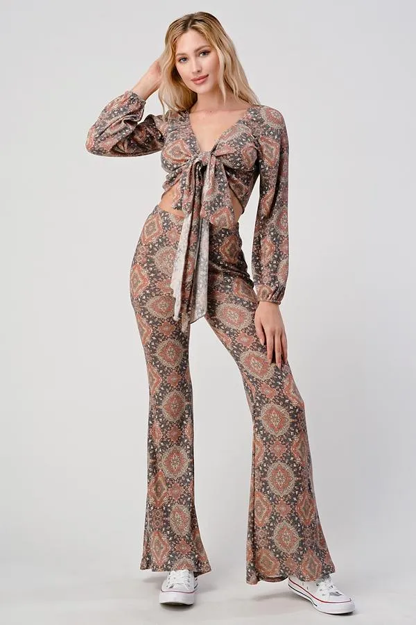 Boho Cropped Cardigan And Palazzo Pants Matching Set