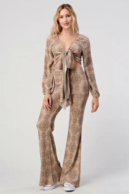 Boho Cropped Cardigan And Palazzo Pants Matching Set