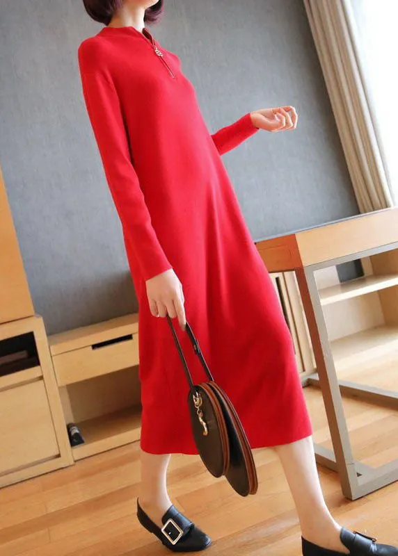 Boho Red Stand Collar Zip Up Knit Maxi Dresses Spring LY1451