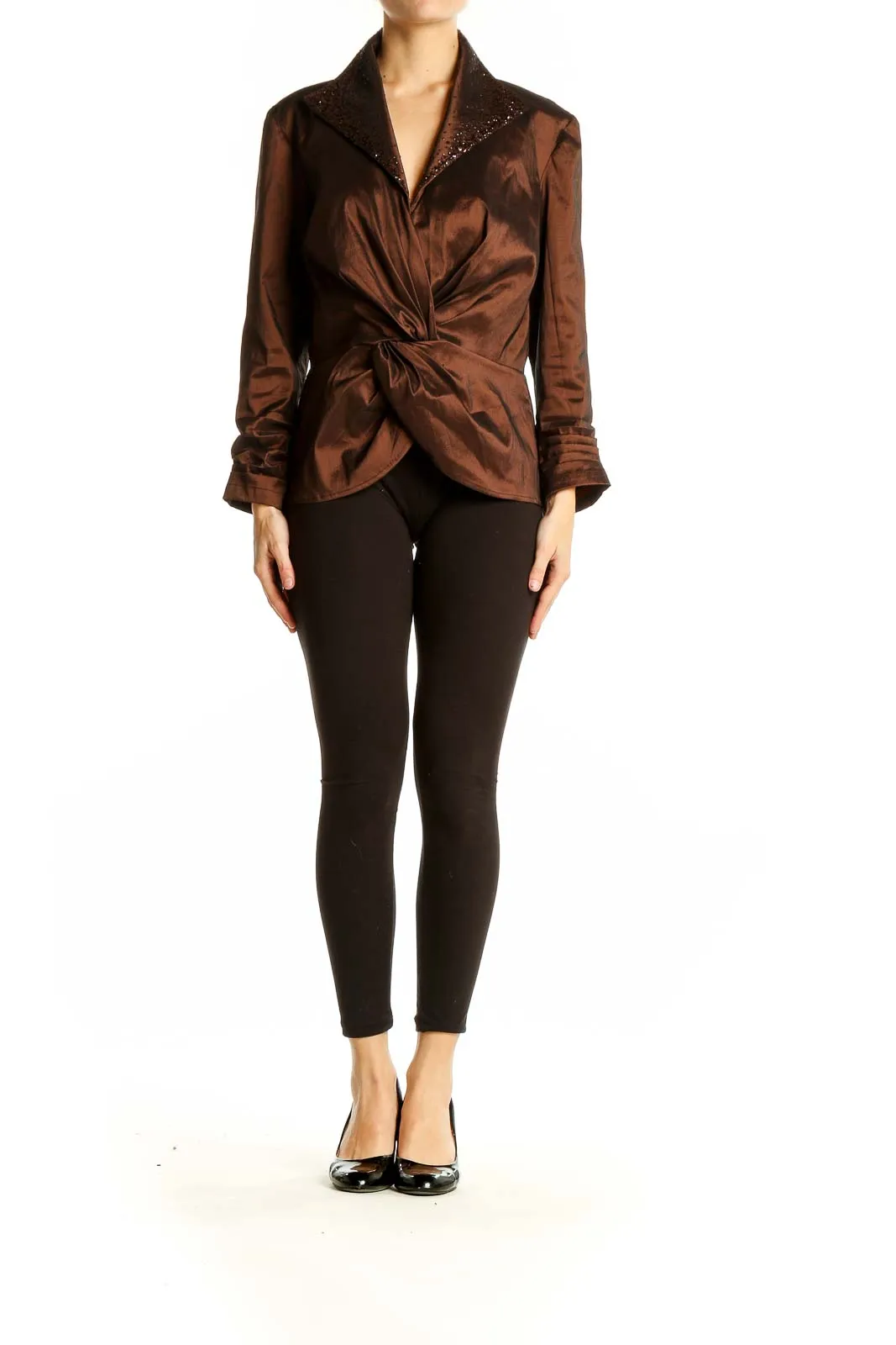 Brown Shimmering Twist-Front Blouse