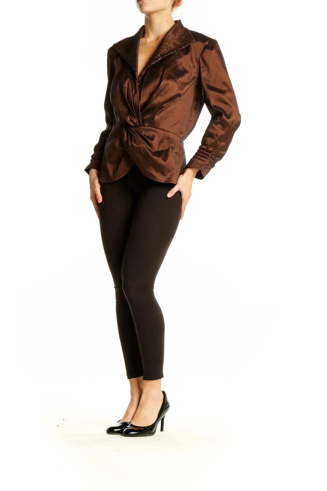 Brown Shimmering Twist-Front Blouse