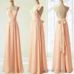 Cheap Junior Pleating Chiffon Spaghetti Strap Sweetheart Backless Floor-Length Maxi  Bridesmaid Dresses,