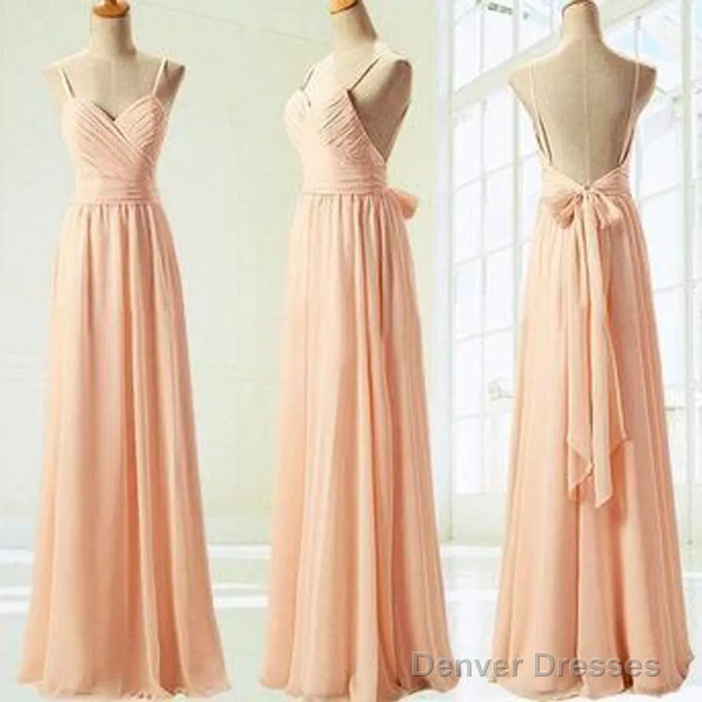 Cheap Junior Pleating Chiffon Spaghetti Strap Sweetheart Backless Floor-Length Maxi  Bridesmaid Dresses,