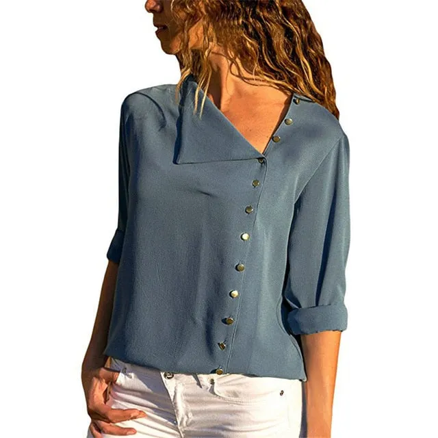 Chiffon Blouse 2019 Fashion Long Sleeve Women Blouses and Tops Skew Collar Solid Office Shirt Casual Tops Blusas Chemise Femme