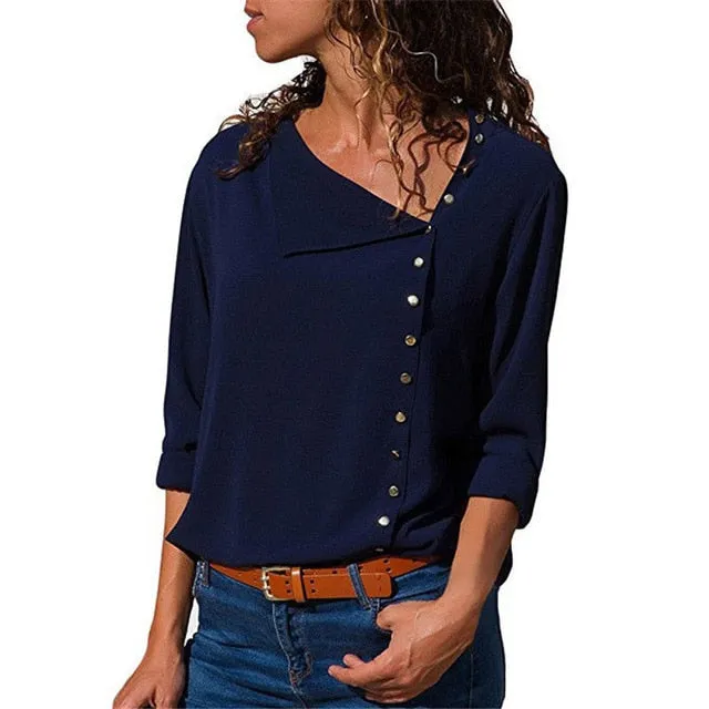 Chiffon Blouse 2019 Fashion Long Sleeve Women Blouses and Tops Skew Collar Solid Office Shirt Casual Tops Blusas Chemise Femme