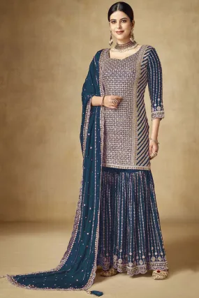 Chinon Fabric Navy Blue Color Fantastic Embroidered Palazzo Suit