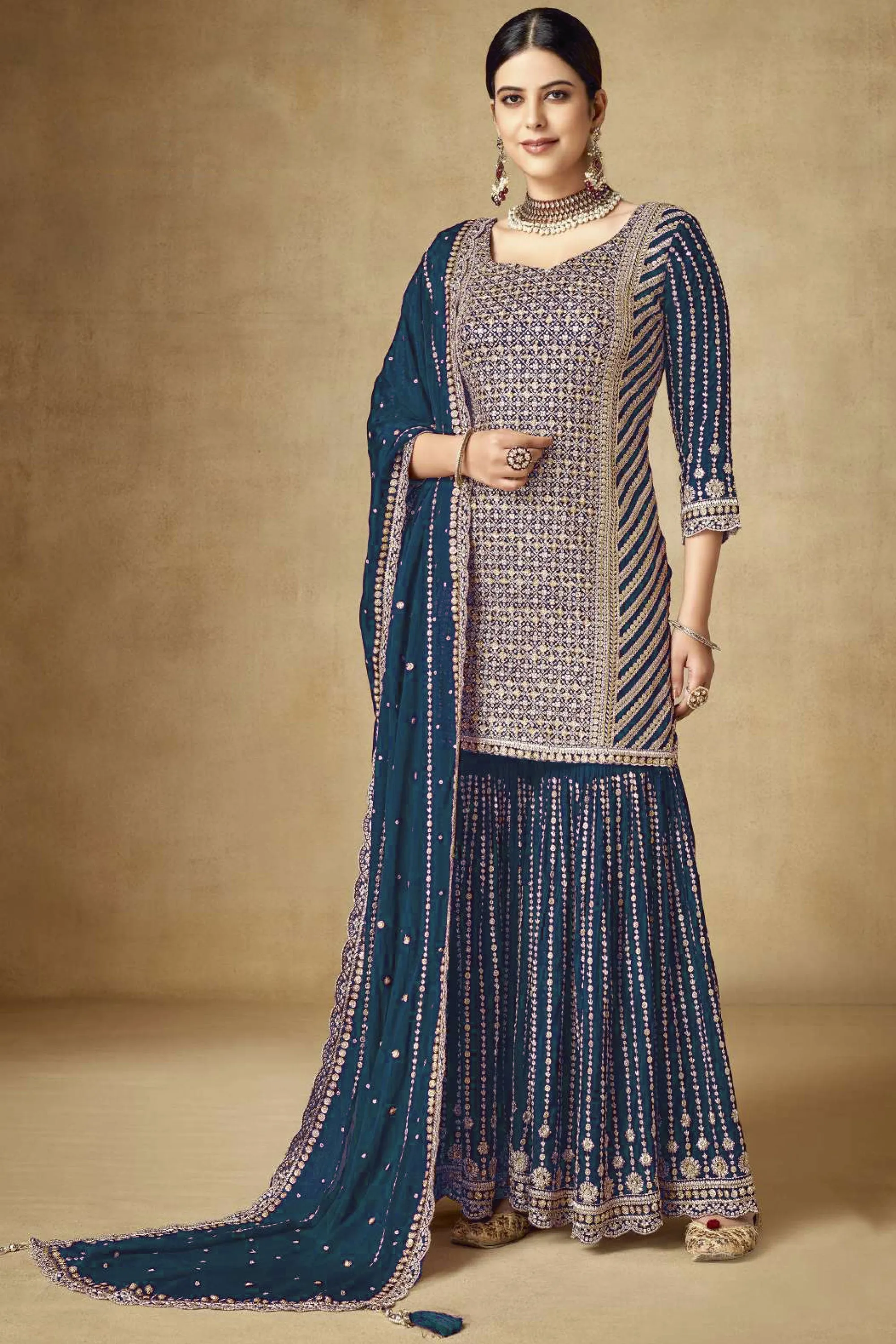 Chinon Fabric Navy Blue Color Fantastic Embroidered Palazzo Suit