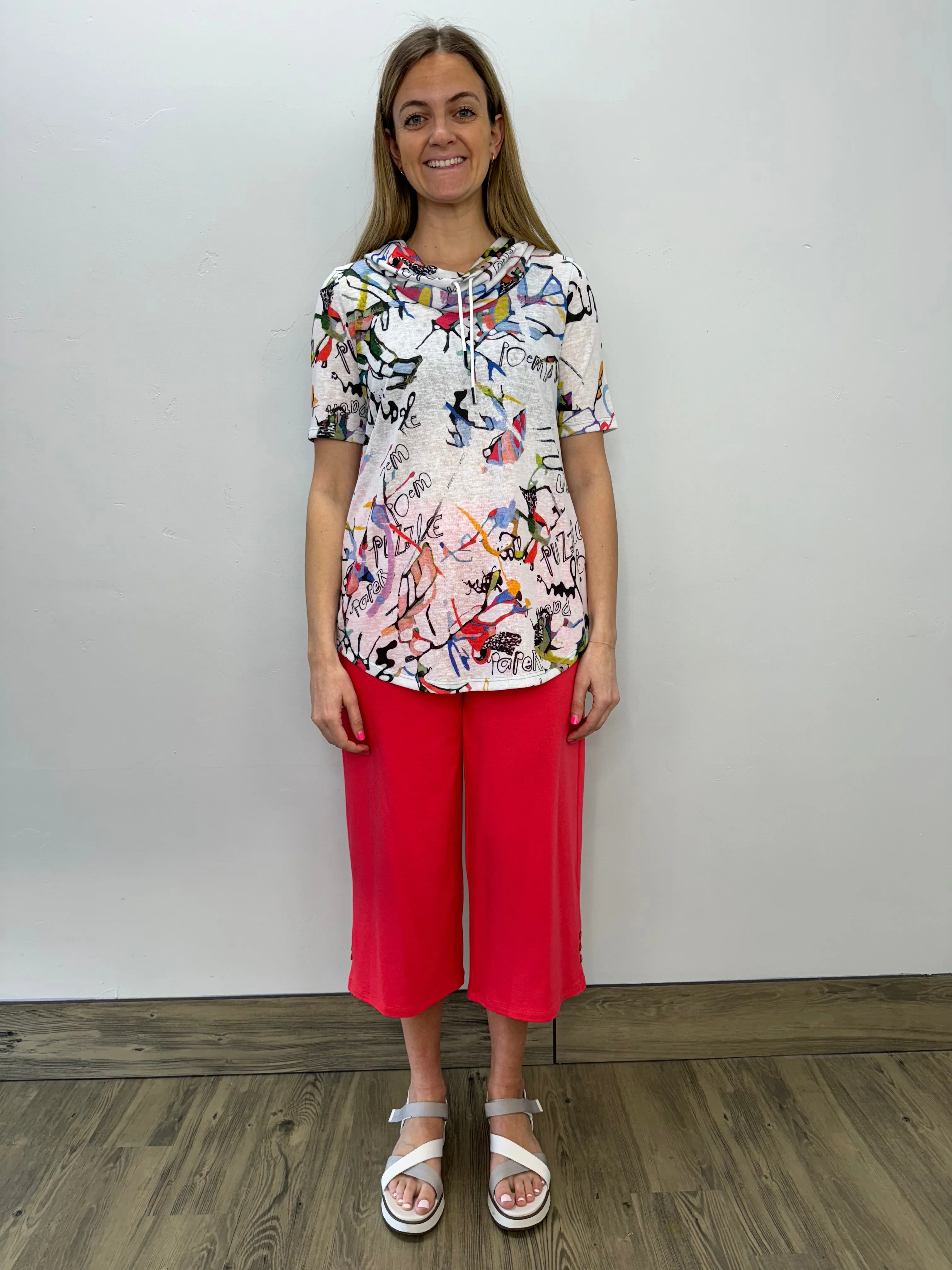 Coral Bamboo Terry Capri with Button Detail