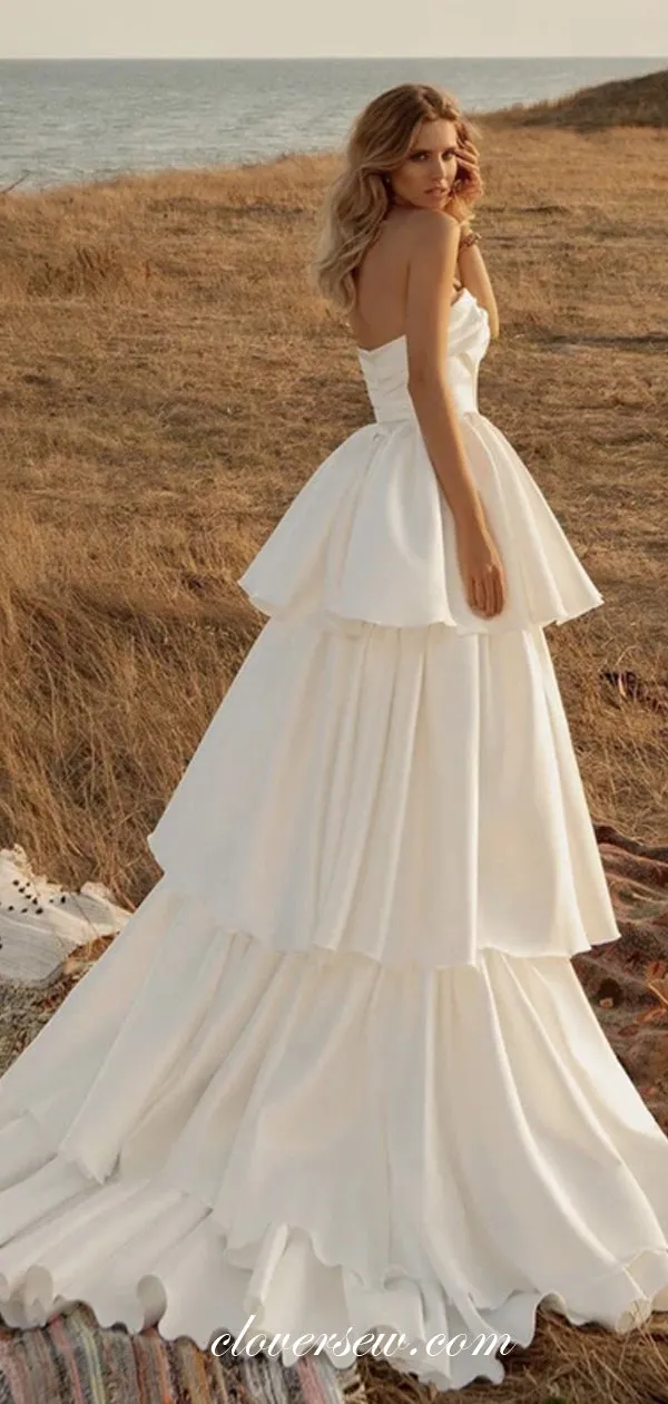 Cream Satin Strapless Tiered A-line Charming Wedding Gowns, CW0212