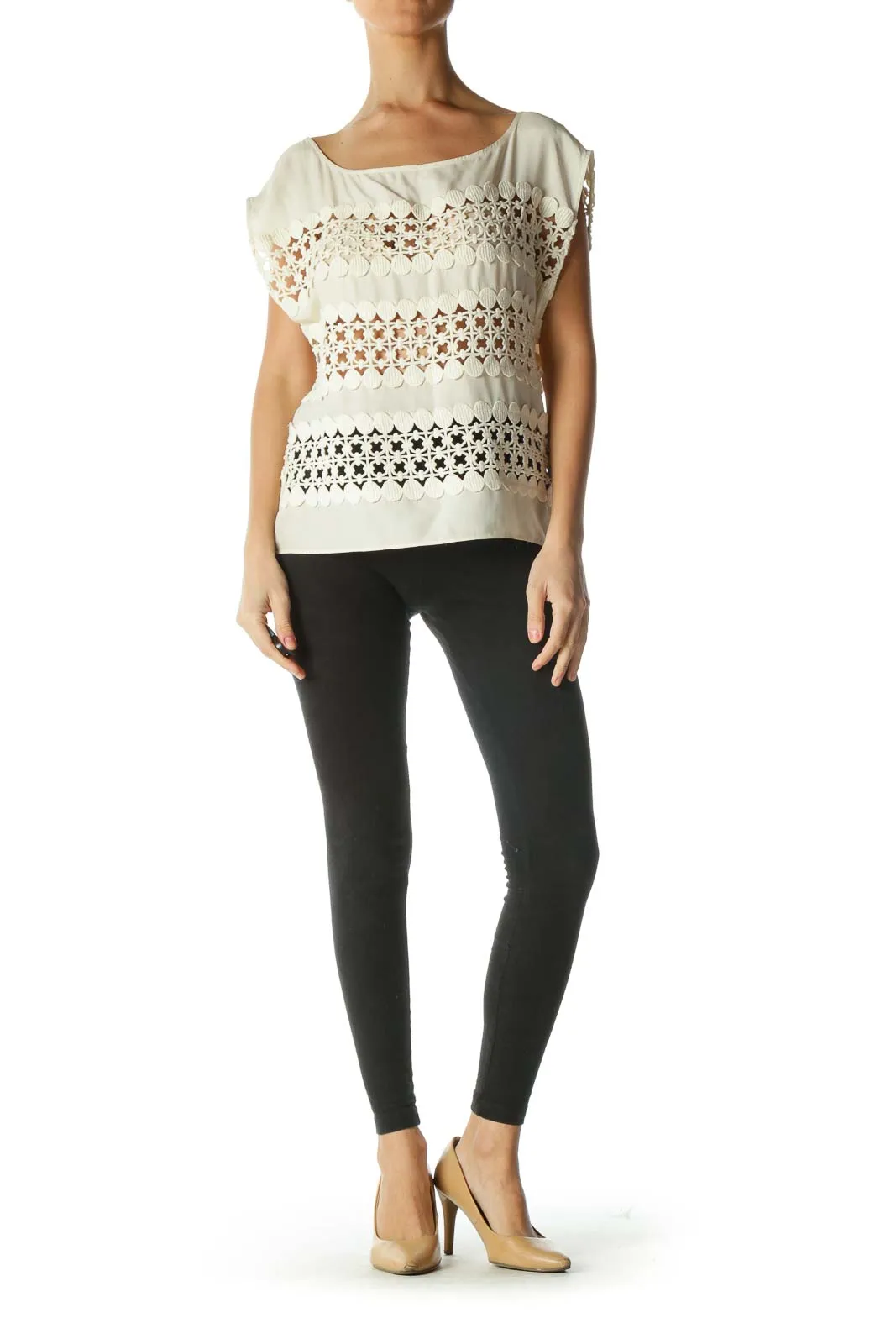 Cream Silk Cotton Knit See-Through Top