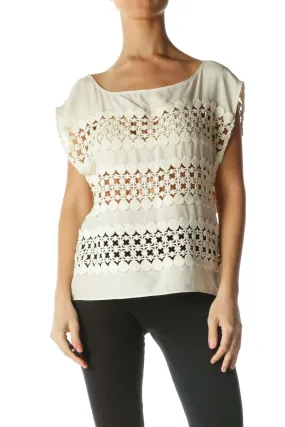 Cream Silk Cotton Knit See-Through Top