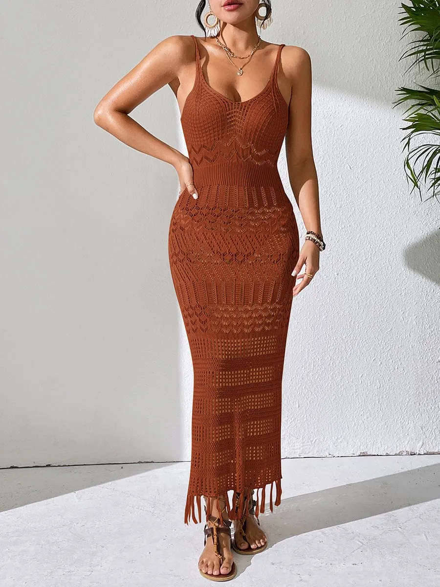 Cutout Sling Long Dress Slim-fit Tassel Beach Sleeveless Knitted V-neck