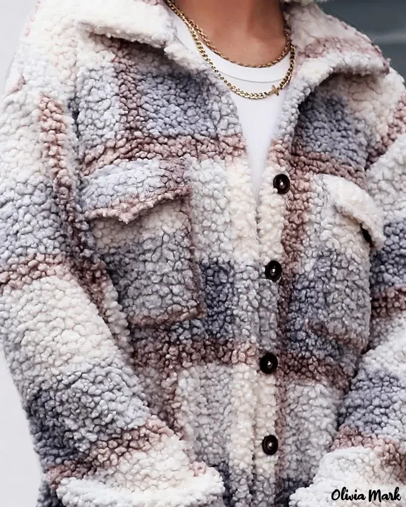 Deanwangkt - Pocket Pattern Plush Jacket with Plaid Button