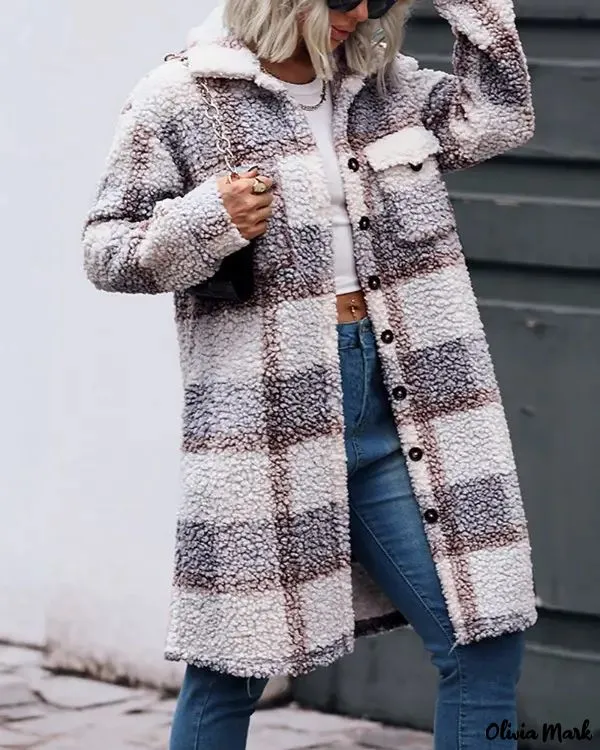 Deanwangkt - Pocket Pattern Plush Jacket with Plaid Button