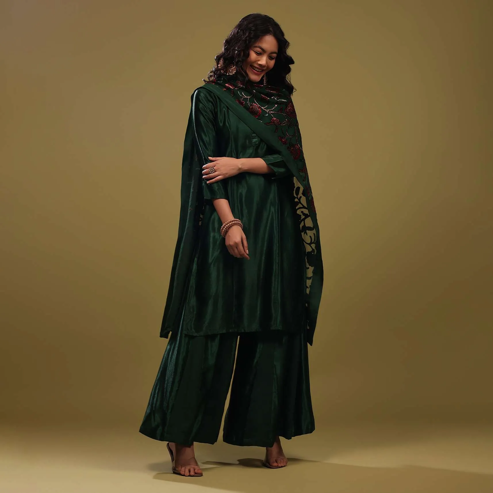 Deep Palazzo Suit In Gajji Silk With A Beautiful Velvet Floral Embroidered Dupatta
