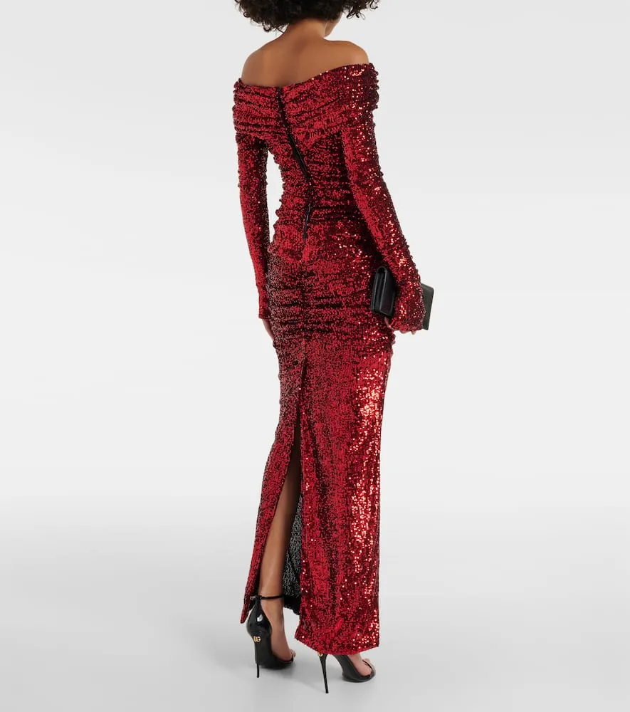 Dolce&Gabbana Sequined off-shoulder ruched gown