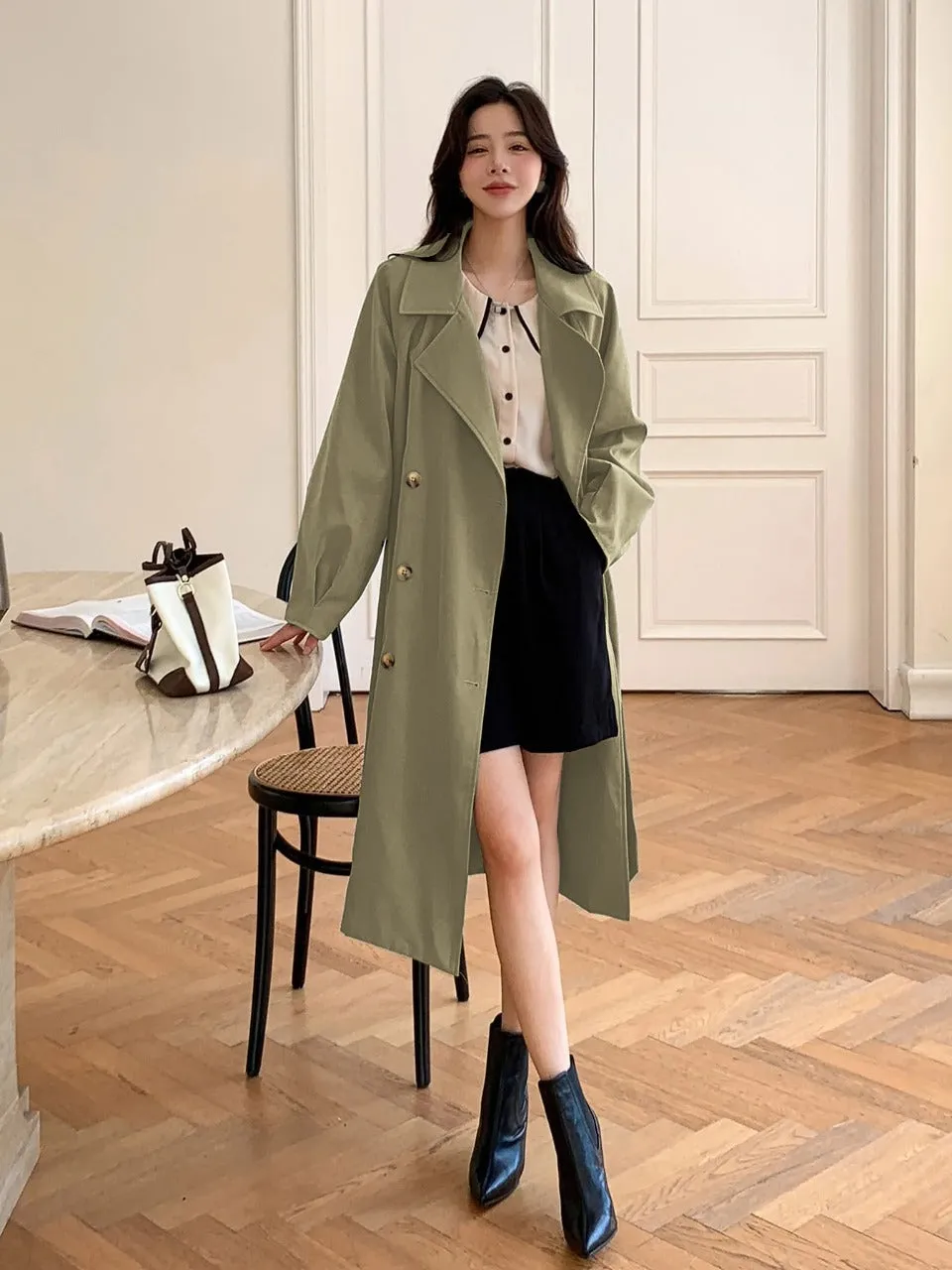 Double Breasted Raglan Sleeve Belted Trench Coat (CLEARACNE SALE