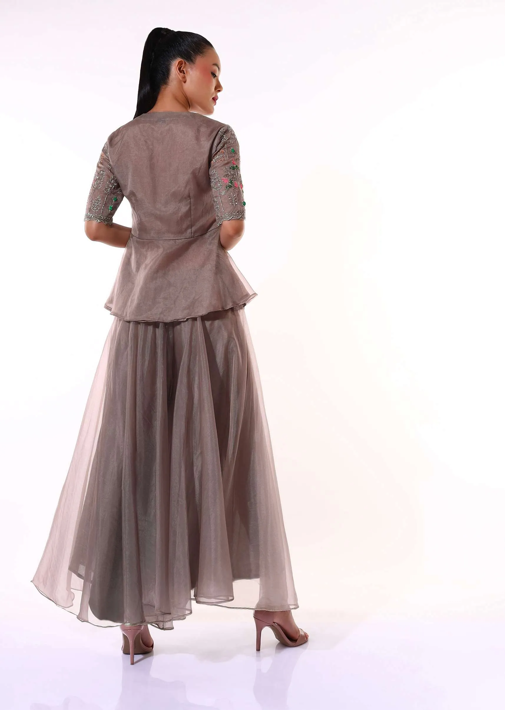 Dusty Brown Palazzo Suit In Organza With A Matching Peplum Top Adorned In Zari And Thread Embroidery