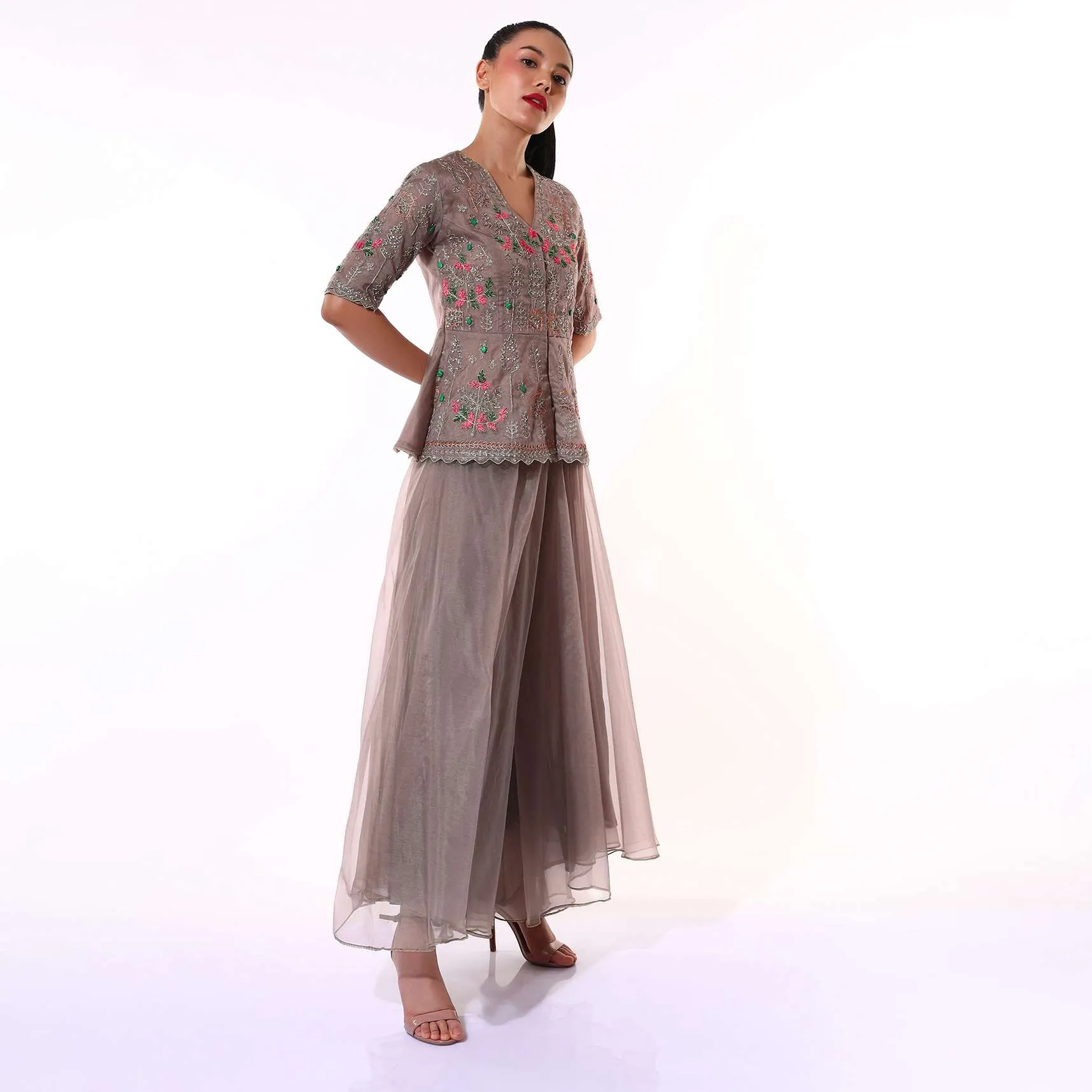 Dusty Brown Palazzo Suit In Organza With A Matching Peplum Top Adorned In Zari And Thread Embroidery