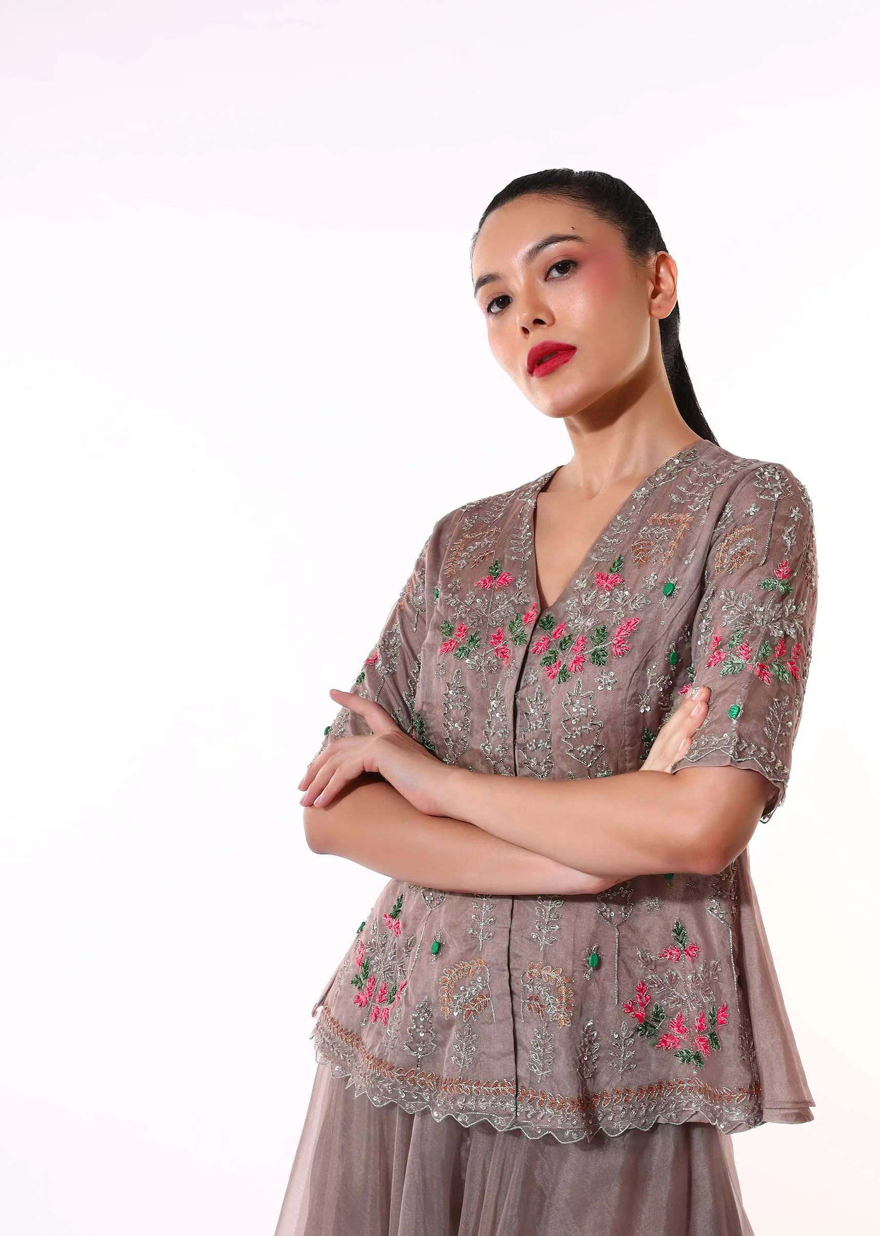 Dusty Brown Palazzo Suit In Organza With A Matching Peplum Top Adorned In Zari And Thread Embroidery