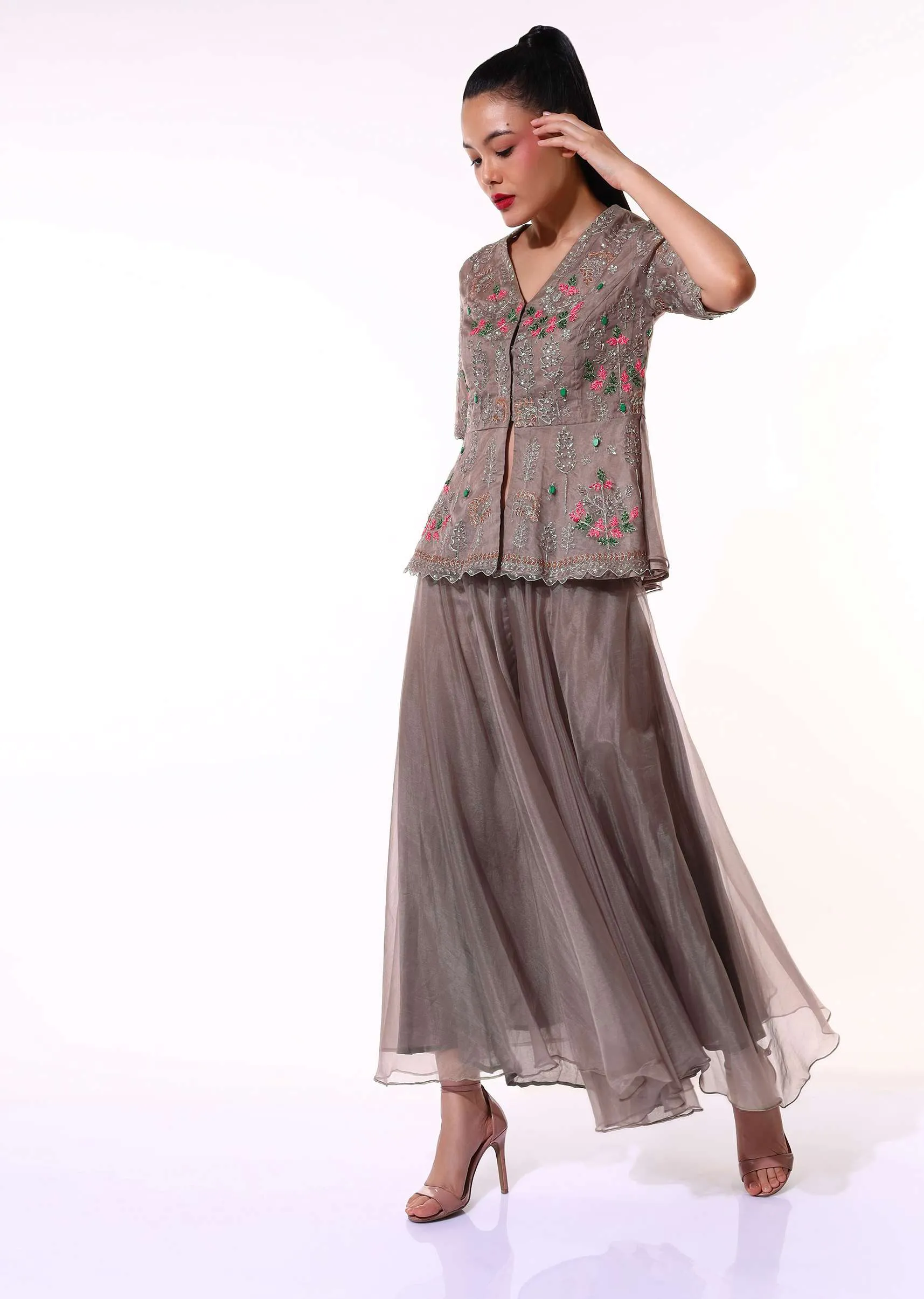 Dusty Brown Palazzo Suit In Organza With A Matching Peplum Top Adorned In Zari And Thread Embroidery