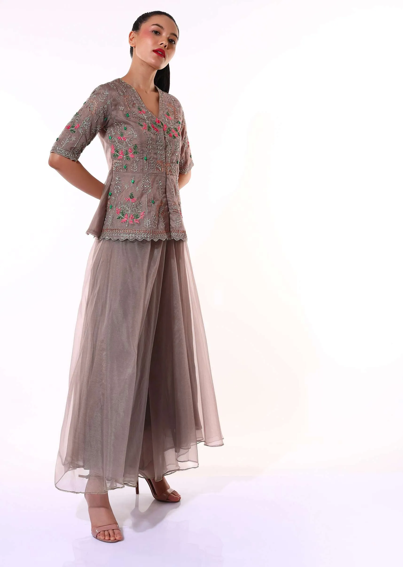 Dusty Brown Palazzo Suit In Organza With A Matching Peplum Top Adorned In Zari And Thread Embroidery