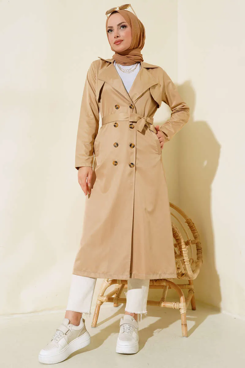 Eight-Button Belted Trench Coat Beige