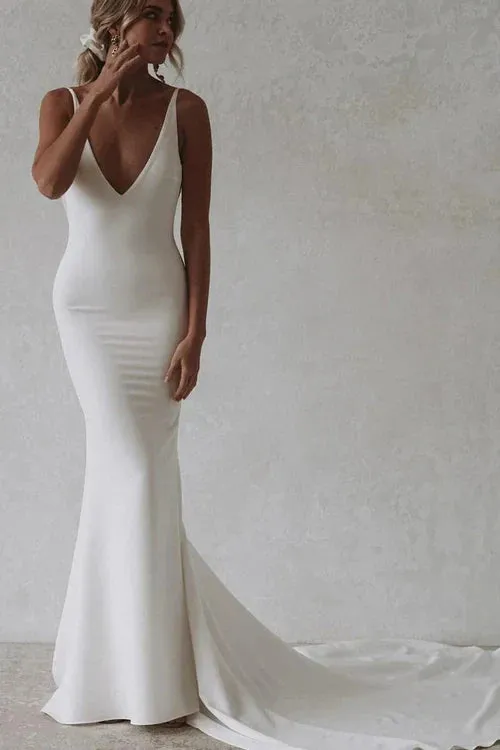 Elegant Simple Mermaid V-Neck Satin Long Wedding Dresses Solid Color