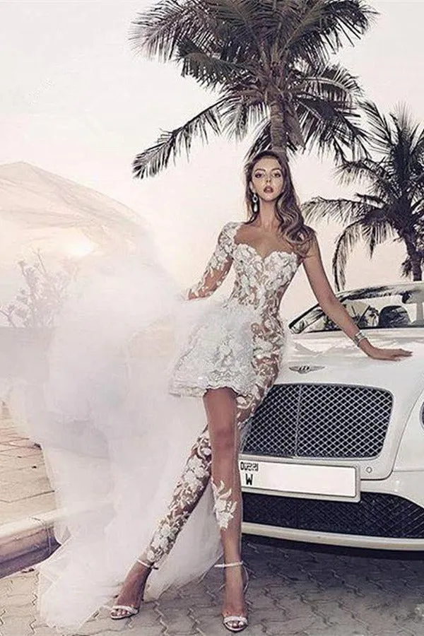 Elegant Wedding Dresses for Women Lace Appliques One Shoulder Overskirts Wedding Dress with Pants Robe De Mariée SWEETHEART