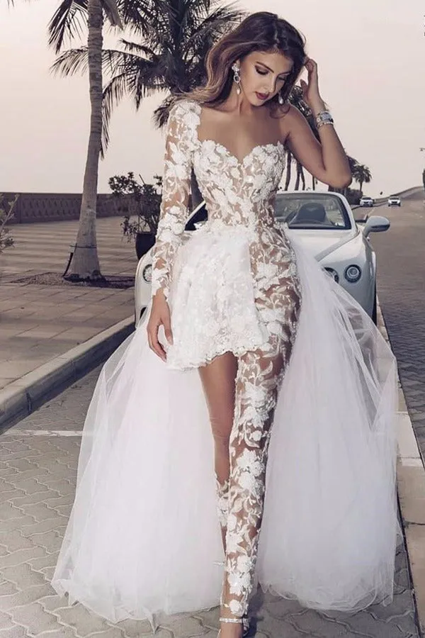 Elegant Wedding Dresses for Women Lace Appliques One Shoulder Overskirts Wedding Dress with Pants Robe De Mariée SWEETHEART
