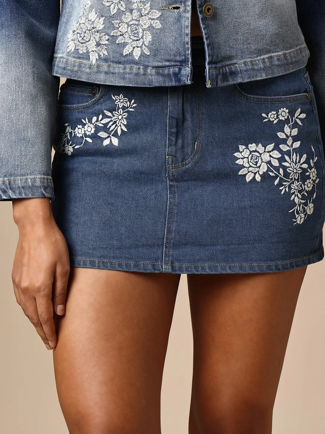 EMBROIDERED DENIM MINI SKIRT