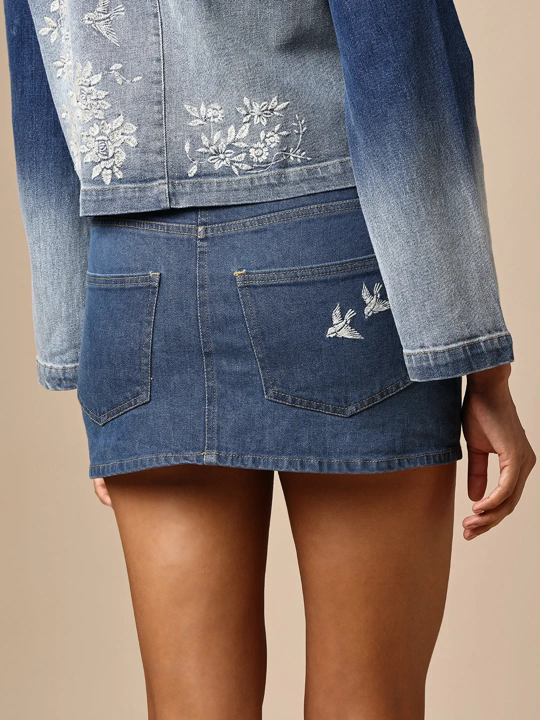 EMBROIDERED DENIM MINI SKIRT
