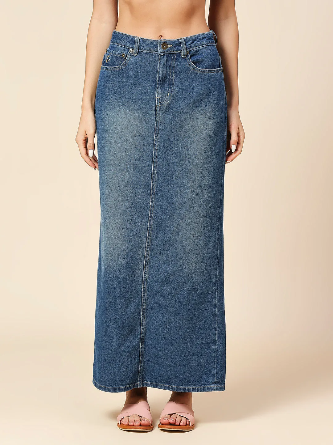 FADED WASH DENIM 5 POCKET STRAIGHT FIT MAXI SKIRT