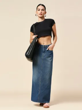 FADED WASH DENIM 5 POCKET STRAIGHT FIT MAXI SKIRT