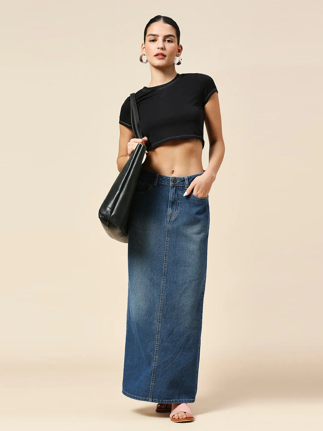 FADED WASH DENIM 5 POCKET STRAIGHT FIT MAXI SKIRT