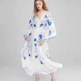 FashionSierra-Maxi  2024  Vintage  White Cotton  Floral Embroidery  Sexy  V-neck  Brand Boho Dress