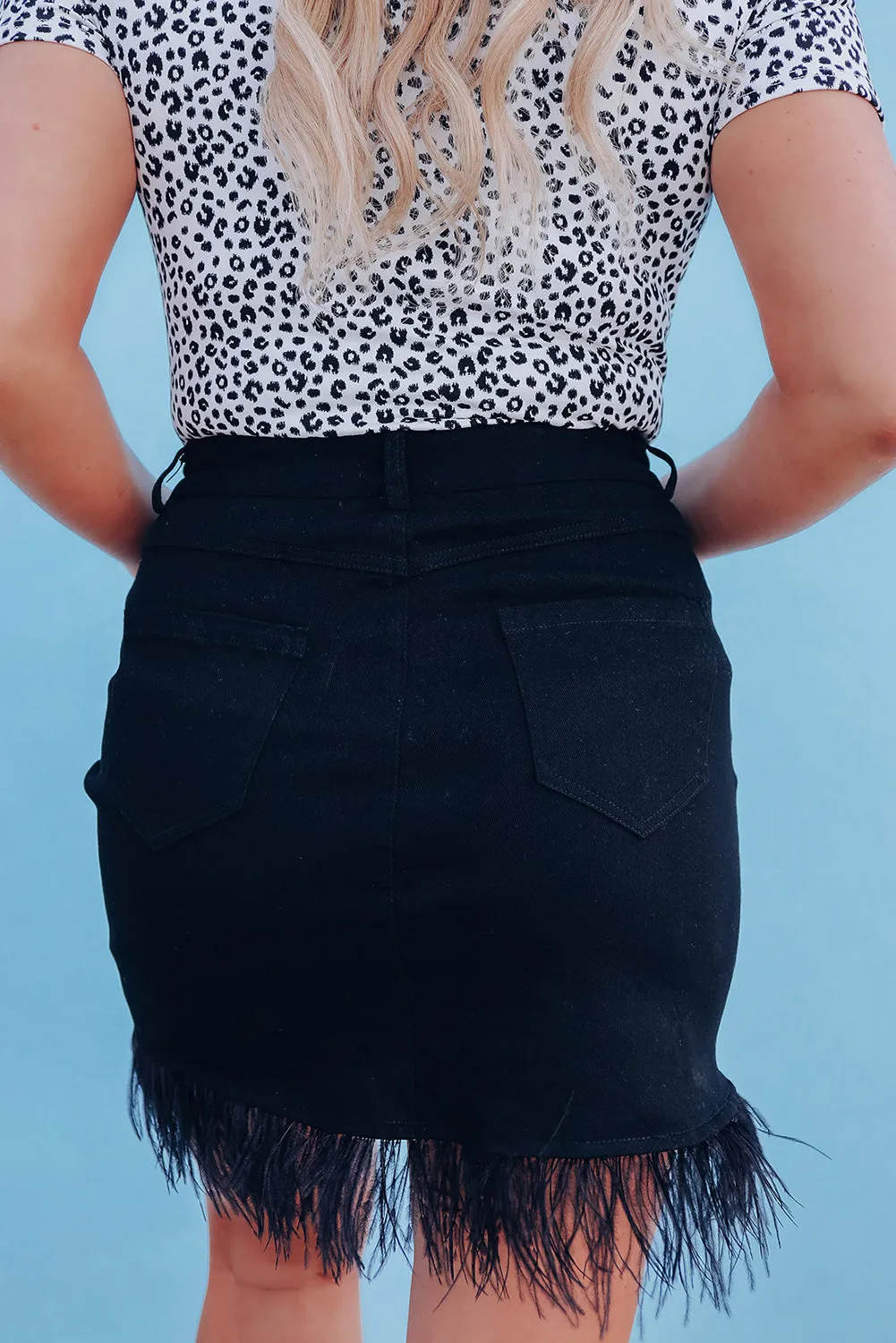 Feather Fringed Denim Skirt