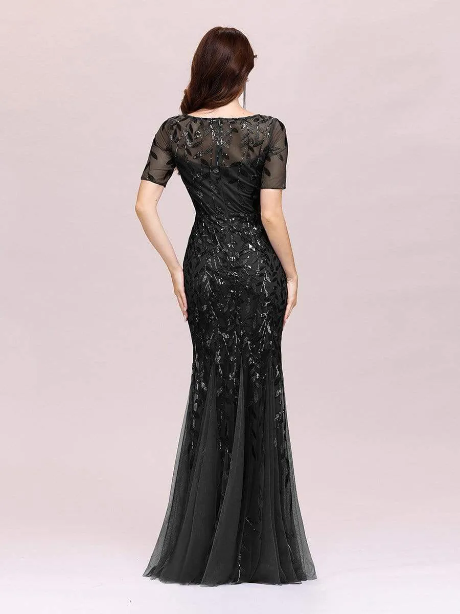 Floral Sequin Print Maxi Long Fishtail Tulle Dresses With Half Sleeve