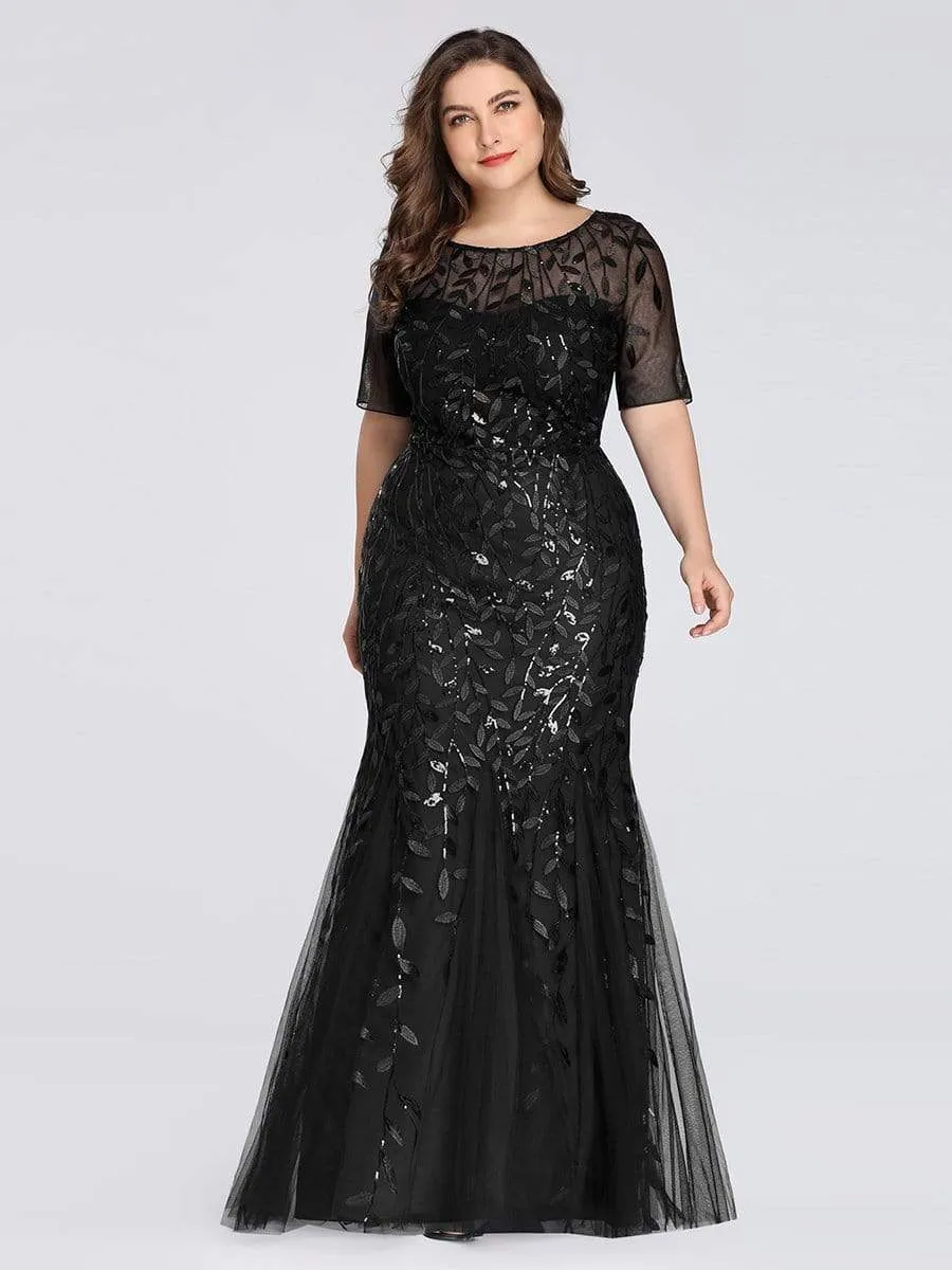 Floral Sequin Print Maxi Long Fishtail Tulle Dresses With Half Sleeve