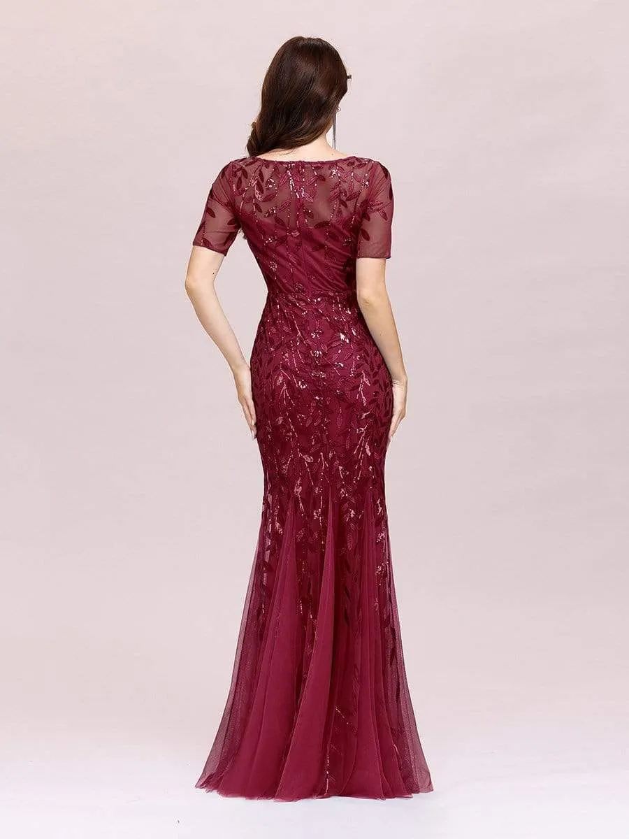 Floral Sequin Print Maxi Long Fishtail Tulle Dresses With Half Sleeve